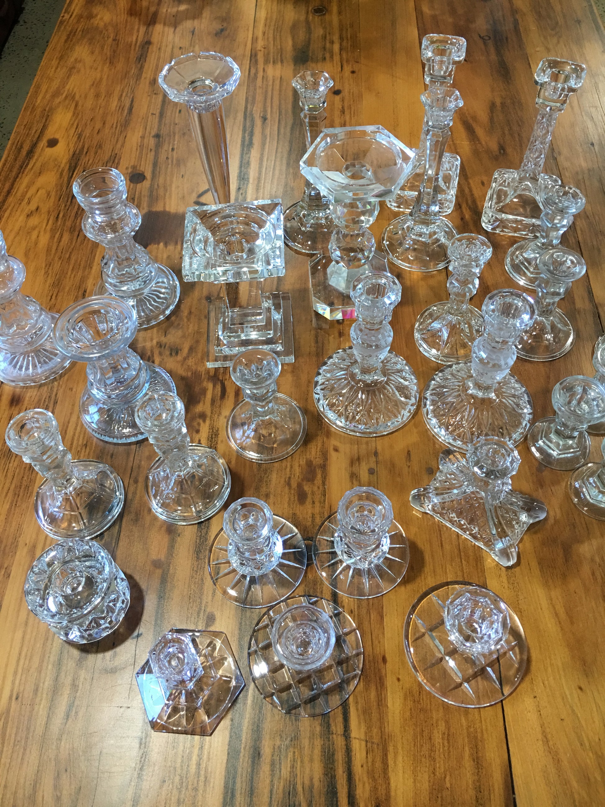 Vintage Glass and Crystal candlesticks large collection to choose from. DIY Hire Rockhampton Vintage Hire