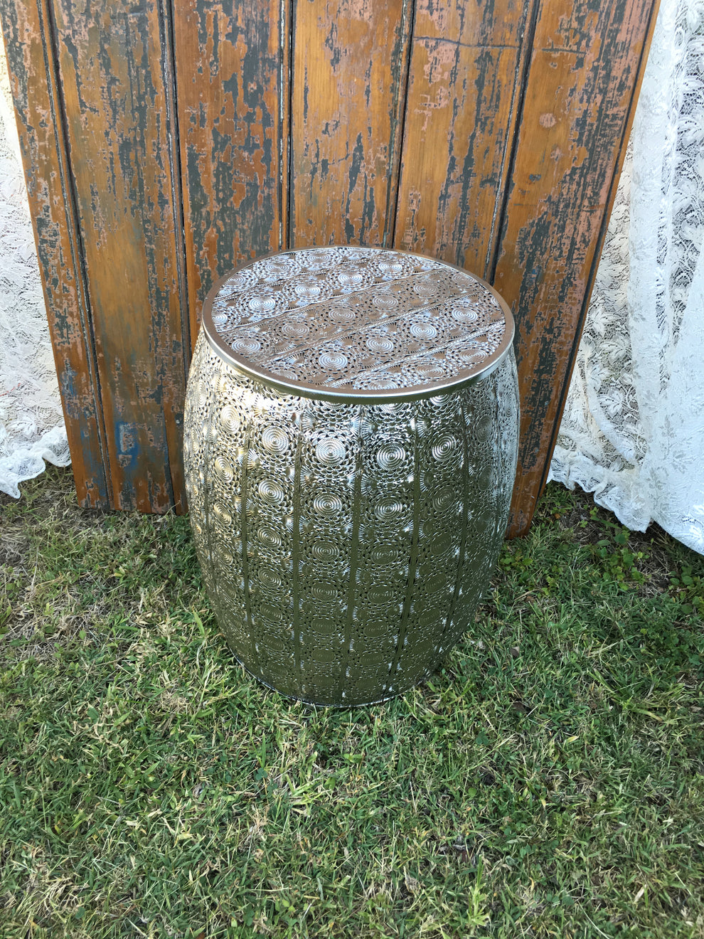 Table Silver Pressed Metal Drum x 2 Bundle rockhamptonvintagehire