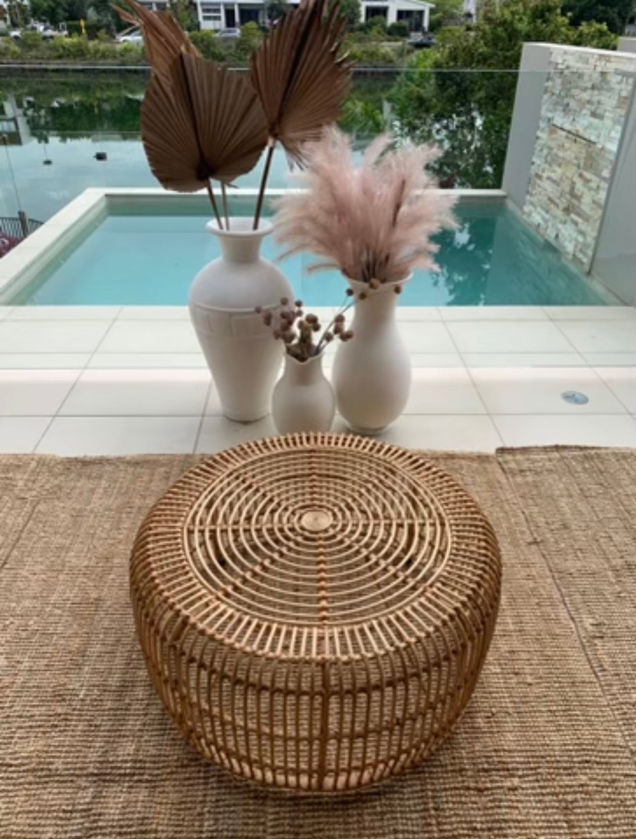 Island Luxe Cane Round Blonde Coffee & picnic Table Rockhampton Vintage Hire
